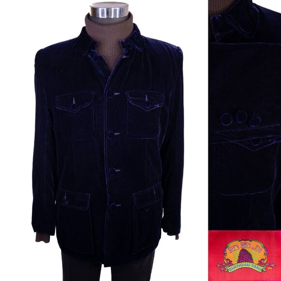 Shanghai Tang Men's Casual Shirt Jacket Coat Size 38 Blue Velvet Four Button EUC - Picture 2 of 14